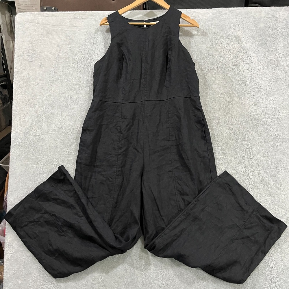 BODEN Jumpsuit 14R Halterneck‎ Linen Black Wide Leg Pockets Lagenlook Zip Boho